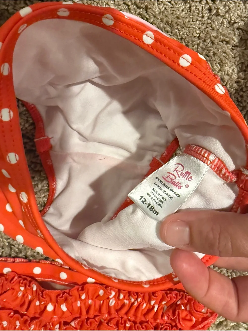 RuffleButts Coral Polka Dot 2-Piece Swimsuit Set 12-18M | Ruffle Details